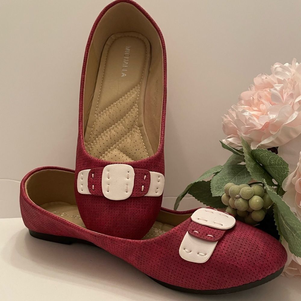 Rose Red Textured Flats with White Trim by Michaela Size 40